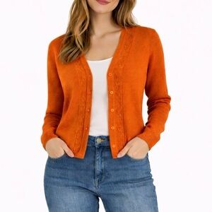 Orange Ribbed Cardigan Sweater L Vintage Grandma Cottagecore V Neck NWOT Y2K